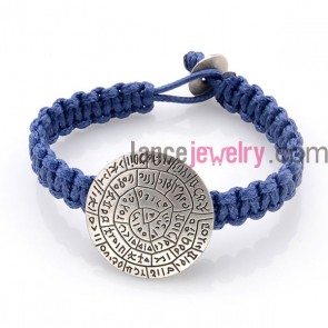 Trendy big alloy finding decorated wax cord weaving bracelet