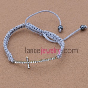 Nice rhinestone-cross decorated weaving bracelet