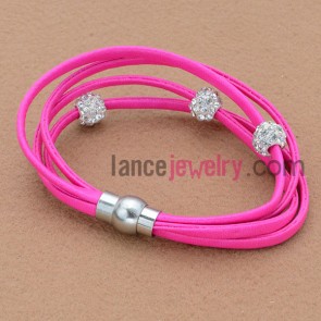 Fashion rhinestone bead and alloy findings ornate hot pink color leather bracelet