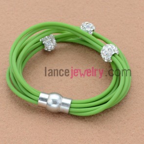 Fashion rhinestone bead and alloy findings ornate green color leather bracelet