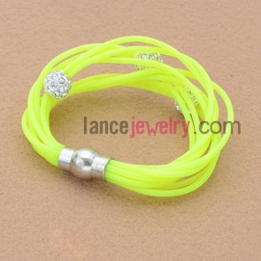 Fashion rhinestone bead and alloy findings florescent color leather bracelet