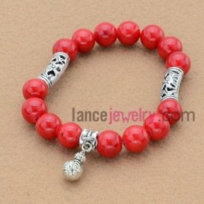 Gorgeous red color stone&pierced alloy parts bead bracelet with calabash pendant.