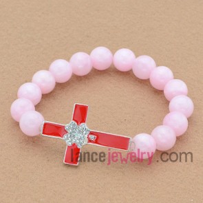 Elegant pink stone bead bracelet with rhinestone decoration Cross.