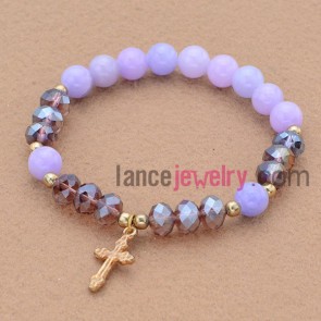 Nice acrylic&purple stone bead bracelet with alloy Cross pendant.