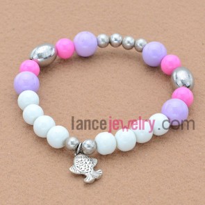 Fashion alloy findings bead bracelet with fish pendant.