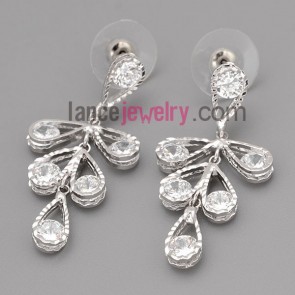 Elegant earrings with siver brass decorated transparent cubic zirconia pendant 