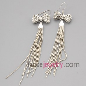 Sweet earrings with zinc alloy  decorated shiny rhinestone with bowknot model and chain pendant