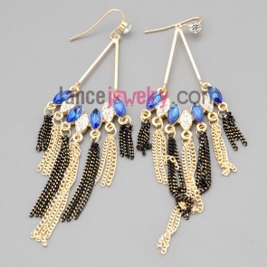 Personality earrings with zinc alloy  decorated rhinestone and blue crystal and chain pendant