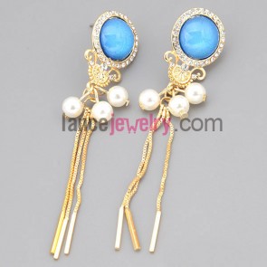 Charming earrings with zinc alloy and blue cat eyes decorated rhinestone and abs and chain pendant