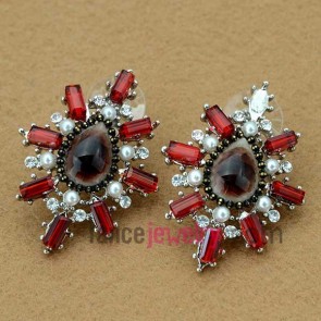 Personality series earrings decorated with red rhinestone beads
