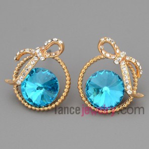 Romantic stud earrings with gold brass decorated shiny rhinestone and blue crystal ball