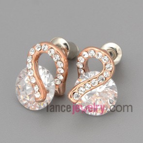 Cute stud earrings with gold brass  decorated transparent cubic zirconia