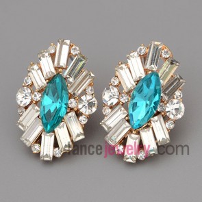 Special stud earrings with gold brass decorated different transparent cubic zirconia and light blue crystal