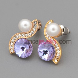 Sweet stud earrings with gold brass decorated  many rhinestone and purple crystal and abs bead