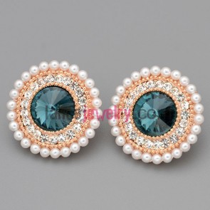 Elegant stud earrings with gold brass decorated abs beads and  shiny rhinestone and blue crystal