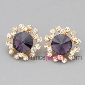 Sweet stud earrings with zinc alloy decorated many rhinestone and deep purple crystal