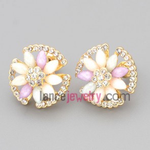 Charming stud earrings with gold zinc alloy decorated many rhinestone and multicolor cat eyes