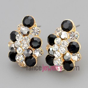 Simple stud earrings with zinc alloy decorated many black and white rhinestone 