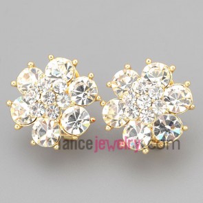Nice stud earrings with zinc alloy decorated different size rhinestone with flower shape