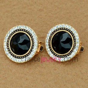 Circular black crystal and rhinestone decoration clip-on earrings