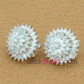 Delicate stud earrings with copper alloy pendant decorated transparent cubic zirconia with flower shape