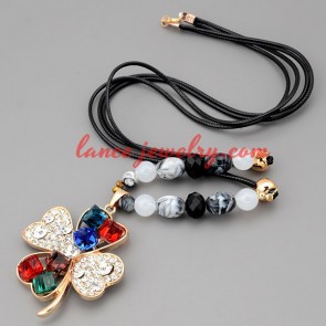 Charming necklace with black hide rope & colorful clover pendant 