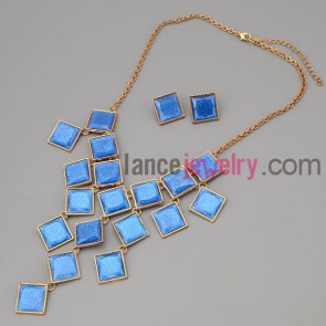 Nice necklace with gold metal chain & alloy parts and deep blue crystal with special shape

