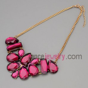 Fashion necklace with gold metal chain & alloy parts and deep blue crystal with special shape

