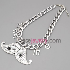 Gorgeous necklace with silver metal chain & alloy parts and shiny rhinestone and cat eyes with mustache pendant