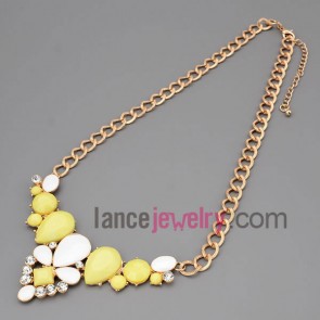 Nice necklace with gold metal chain & alloy part decorate shiny rhinestone and multicolor resin with different model