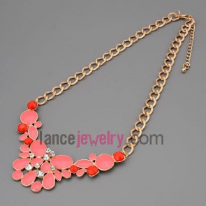 Charming necklace with gold metal chain & alloy part decorate shiny rhinestone and red resin with different model