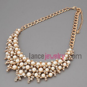 Fascinating necklace with gold metal chain & alloy part decorate shiny rhinestone and abs beads