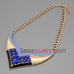Cool necklace with gold metal chain & alloy pendant decorate deep blue resin with special shape