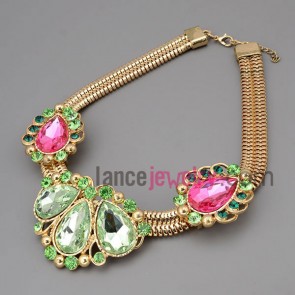 Seductive necklace with gold metal chain & alloy pendant decorate multicolor rhinestone and crystal with big size drop model
