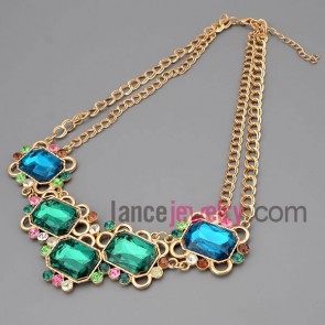 Fascinating necklace with gold metal chain & alloy pendant decorate multicolor rhinestone and crystal with big size quadrangle model