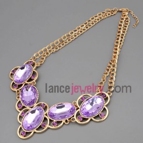 Statement necklace with gold metal chain & alloy pendant decorate purple rhinestone and crystal with big size oval model