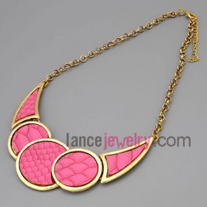 Lovely necklace with gold metal chain & alloy pendant in pink color with different shape