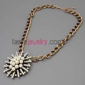Fashion necklace with gold metal chain & alloy part with flower pendant decorate abs beads