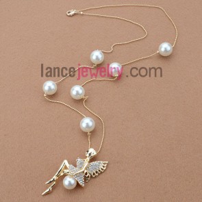 Fancy Sweater Chain Necklace with Alloy Fingings,Angel Shape with Rhinestone Decorated